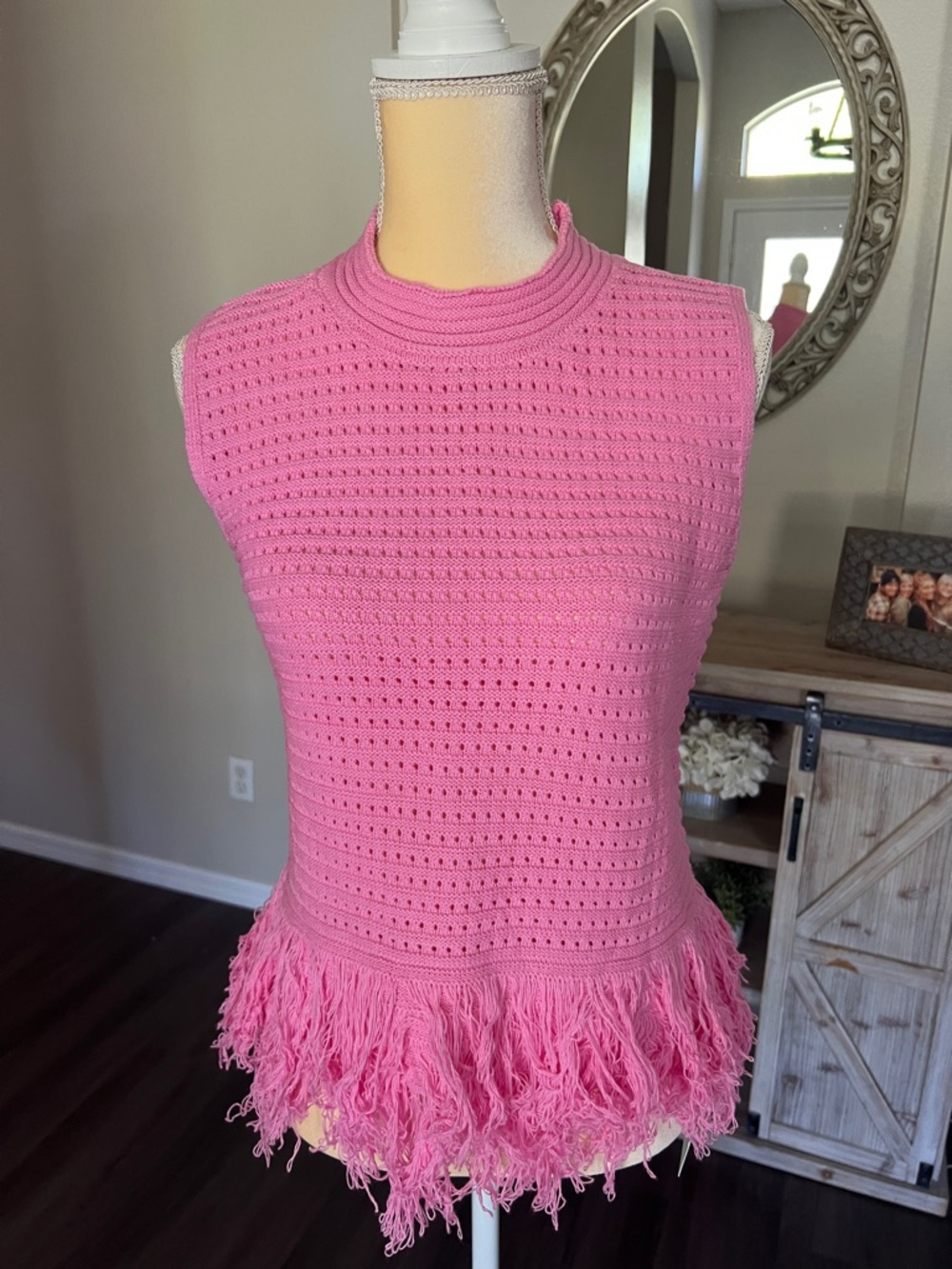 Amazon Pink Sleeveless Crochet Fringe Top